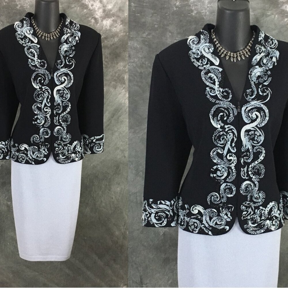 BEAUTIFUL St John collection knit black blue multi jacket skirt suit size 12